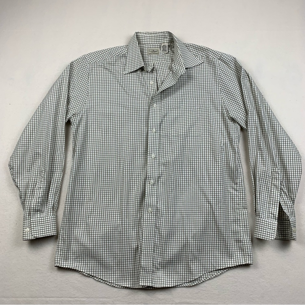 LL Bean Shirt Men's Medium Green Brown Check‎ Plaid Button Down Outdoor Office